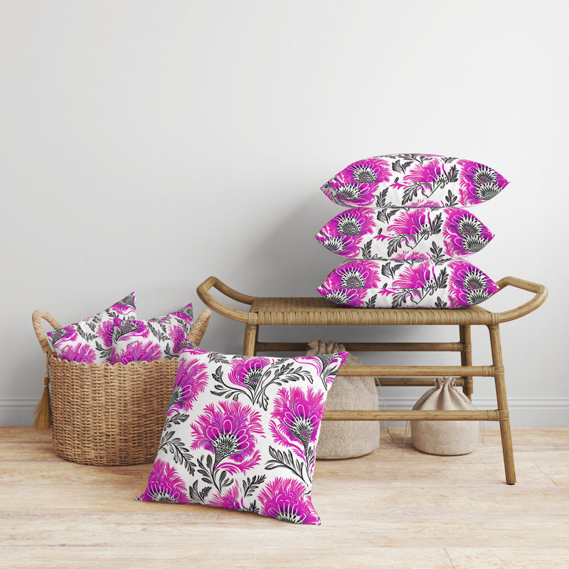Coussin décoratif intérieur / extérieur Whimsical Wilds, H 20 po x l 20 po, Blanc / rose vif