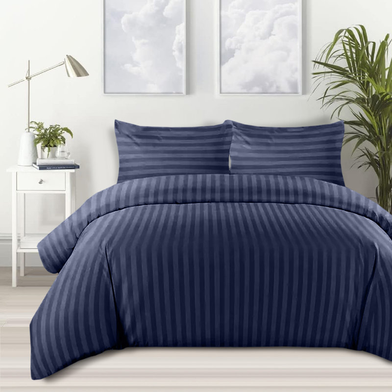 Stripe Duvet Cover Complete Bedding Set - Microfiber Duvet, Fitted Sheet & Pillowcases, Navy Striped