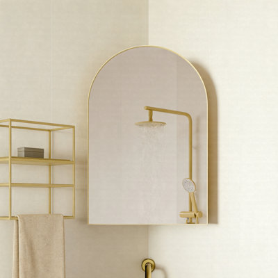 18" X 24" Metal Corner Medicine Cabinet With Arched Mirror, Adjustable Glass Shelves, Space-Saving Bathroom Wall Storage