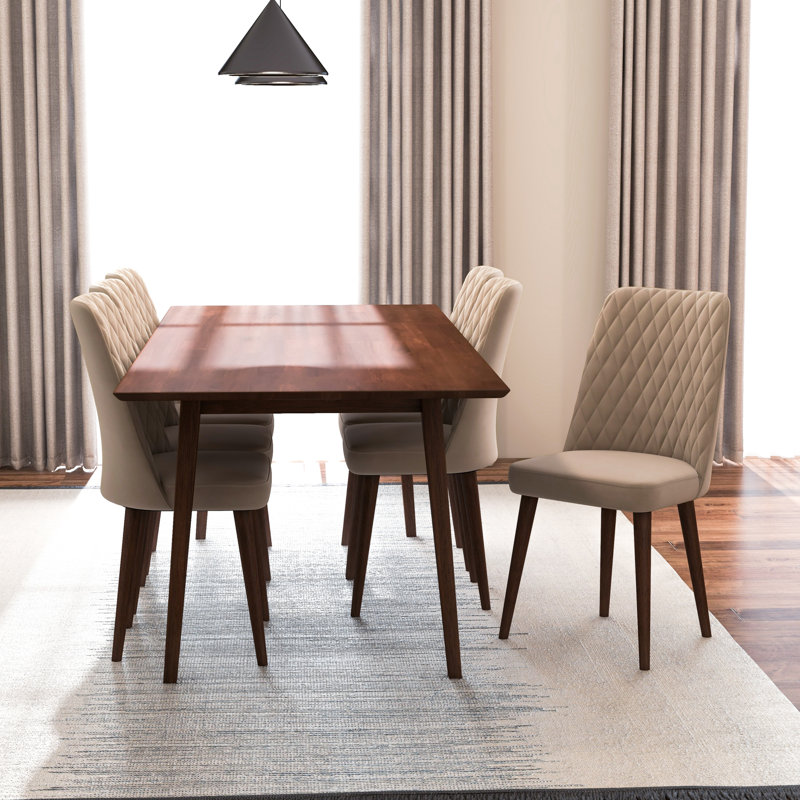 Ava 7-Piece Mid-Century Rectangular Dining Set W/ 6 Velvet Dining Chairs, Beige