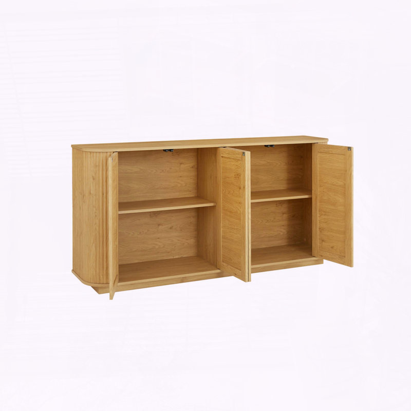 Meuble télé 64 pouces en forme de vague, buffet d'angle arrondi, armoire de rangement, buffet, armoire à rayures verticales en bois avec portes en rotin