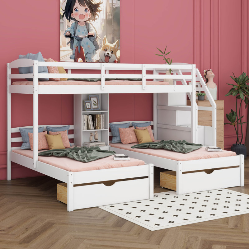 Lit superposé simple au dessus d'un lit simple et simple avec escalier de rangement et tiroirs, lit superposé pour 3 enfants, cadre de lit superposé en bois avec tablettes