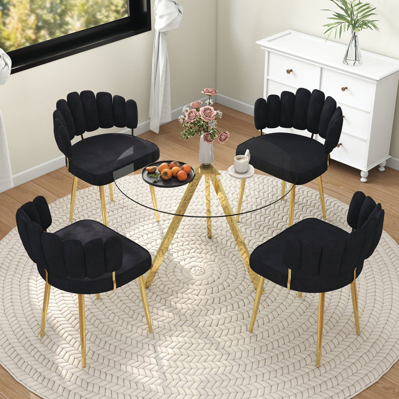Round Glass Dining Table Set, Black, 39inch, 5 Pieces: Table, 4 Chairs