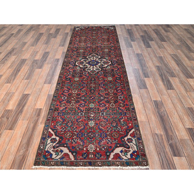 2'10"x9'3" Brick Red, Vintage Persian Hussainabad with Flower Medallion Design, 100% Wool, Hand Knotted, Worn Down and Distressed, Zero Pile, Sides and Ends Professionally Secured, Runner, Oriental Rug