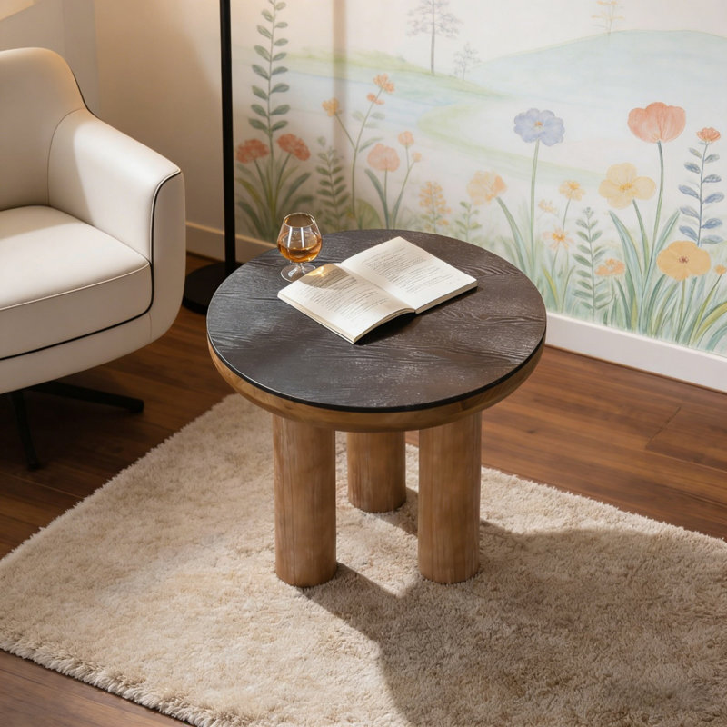 23.6" Modern Solid Round 3-Leg Farmhouse End Table For Living Room&Bedroom, Black/Natural Wood