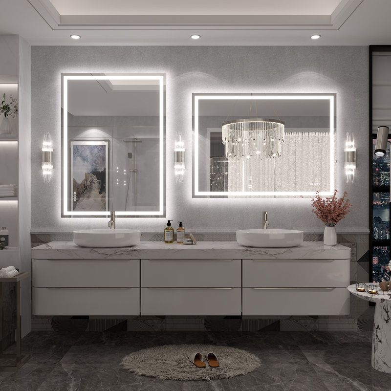 Molly Frameless LED Front Light and Backlit 3 Colors Dimmable Anti-Fog Wall Bathroom Vanity Mirror, 44" x 32", Clear