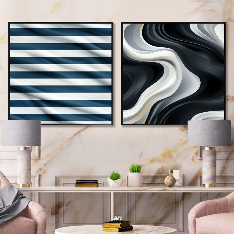 Aymane - Ensemble de 2 collages carrés à formes abstraites, Cadre flottant noir, H 16 po x l 33 po