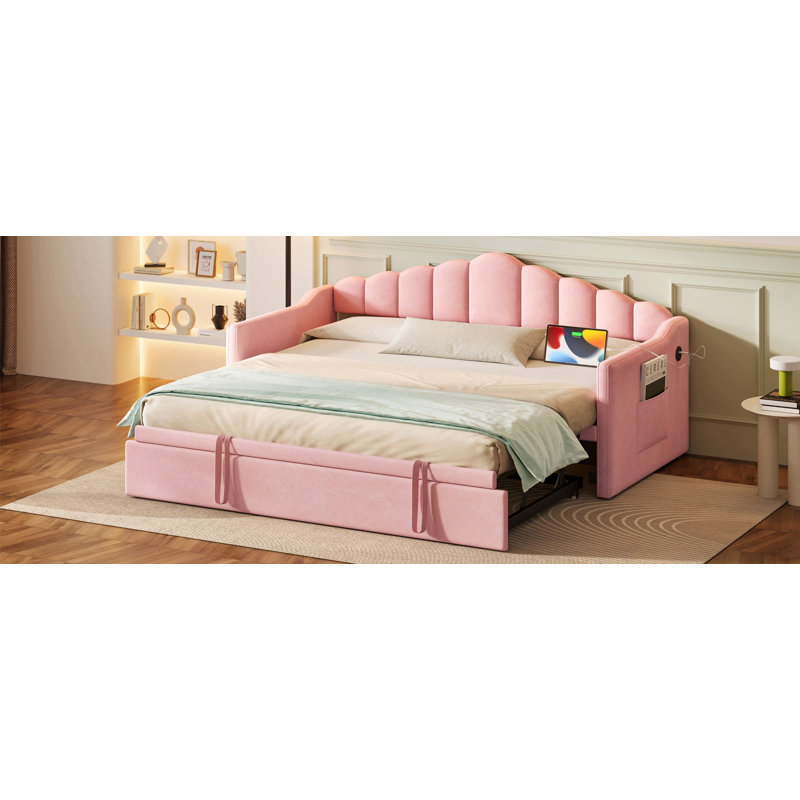 Upholstered Twin Size Daybed With Adjustable Height Pop Up Trundle Twin Bed And Usb & Type-C Charging Port, Day Bed Frame With 2 Side Pockets, No Box-Spring Needed, Pink