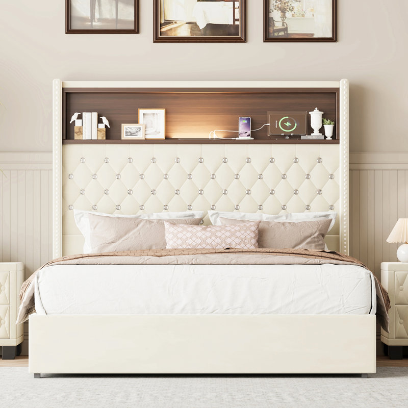 Structure de lit double capitonnée en velours pleine grandeur avec port USB et veilleuse, tête de lit haute 52 po avec décoration de rivet, lit plateforme à oreilles avec tablette de tête de lit