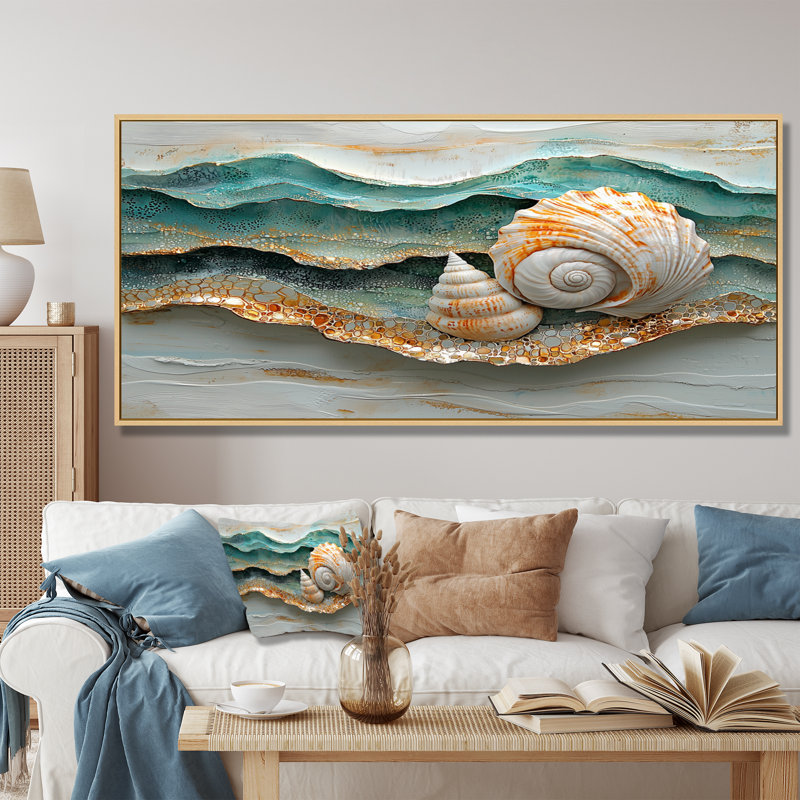 Coquillage et sable émeraude II - art mural bord de mer, H 28 po x l 60 po, Cadre flottant, Doré