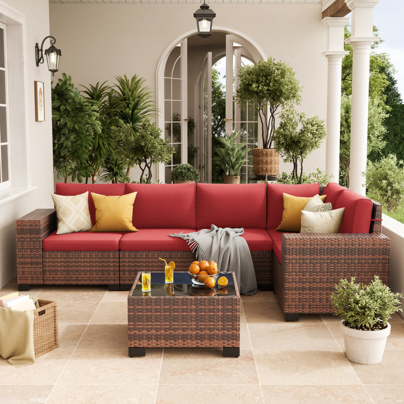 5 - Person Wicker Outdoor Modular Sectional Seating Group with Cushions, Red Cushion/Brown Frame, 6 Pcs: Table, 5 Chairs