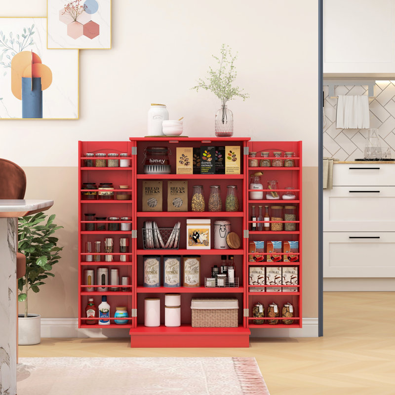 Red Kitchen Rack, 41", With 12 Door Shelves & Firm Storage Pantry Cabinet Double Doors Adjustable
