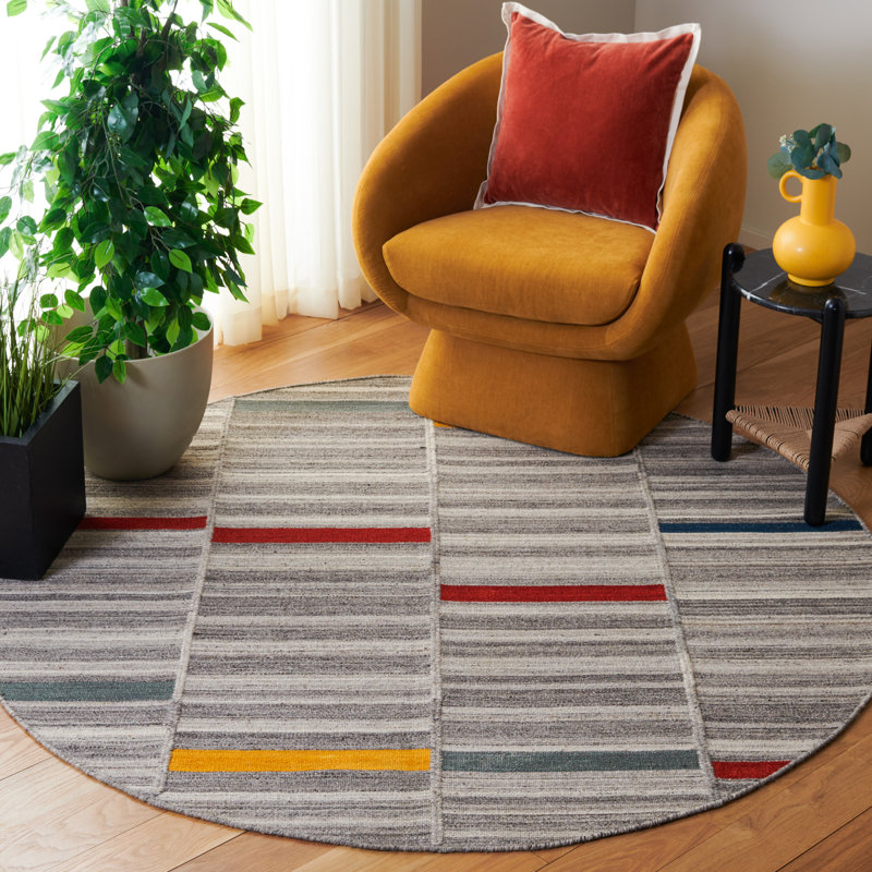 Kilim Flatweave Wool Cotton Abstract Rug in Ivory/Gray, Round 6'