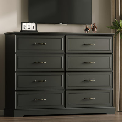 Commode de ferme à 8 tiroirs, commode rustique en panneau de fibres à densité moyenne de 54 po de largeur avec tiroirs profonds et poignées de bar, meuble télé et rangement pour chambre à coucher, salon