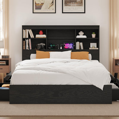 Queen Size Wood Bed Frame with Storage Drawers & Bookcase Headboard, Built-in Chargers, Noise-Free, No Box Spring Needed, Black