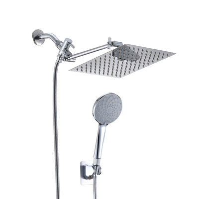 Chrome Shower Head, 10 Inch High Pressure Rainfall Shower Head/Handheld Shower Combo With 11 Inch Extension Arm, 6 Settings Adjustable Antileak Shower