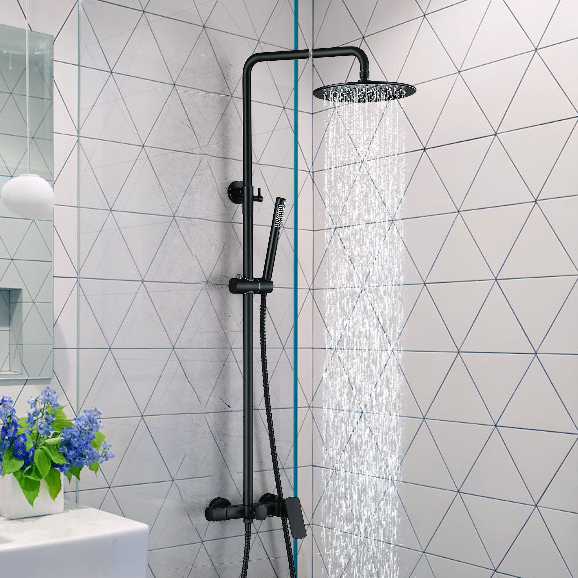Robinet de baignoire sur pied noir mat, salle de bains, robinet de douche,  bec pivotant à 360 degrés avec douchette ABS, mitigeur de douche