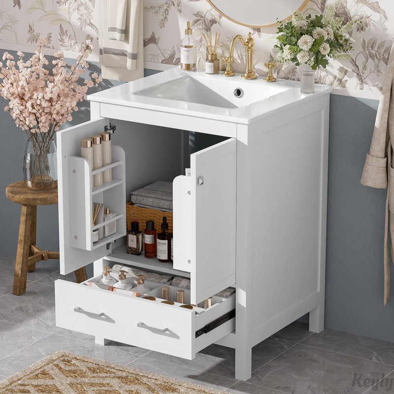 Meuble-lavabo de 24 po avec lavabo, tiroir et tablette à double couche, Blanc