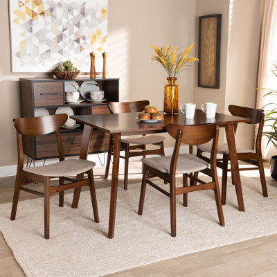 Chavone Mid-Century Modern Transitional Light Beige Fabric Upholstered And Walnut Brown Finished Wood 5-Piece Dining Set by Wade Logan