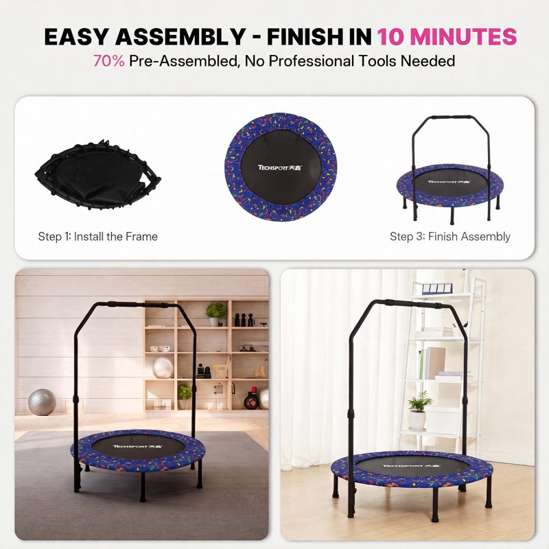 Trampoline de conditionnement physique Techsport 36 po avec barre de maintien, appareil de cardiorebond intérieur pour entraînement à domicile (bleu)