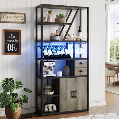 Bar Cabinet with LED Lights, Tall Coffee Bar Station with Power Outlets and Wine Rack, Bakers Rack for Living Room or Dining Room
