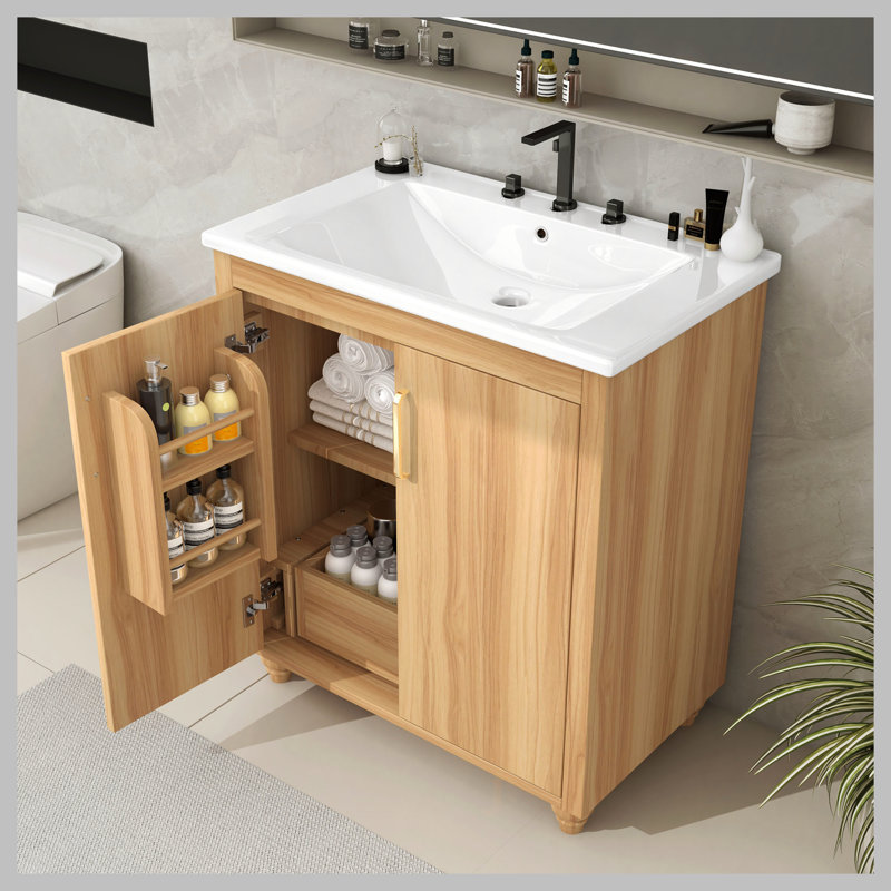 Meuble-lavabo 30 po avec lavabo, armoire de salle de bain multifonctionnelle avec portes et tiroir, panneau de fibres à densité moyenne, naturel