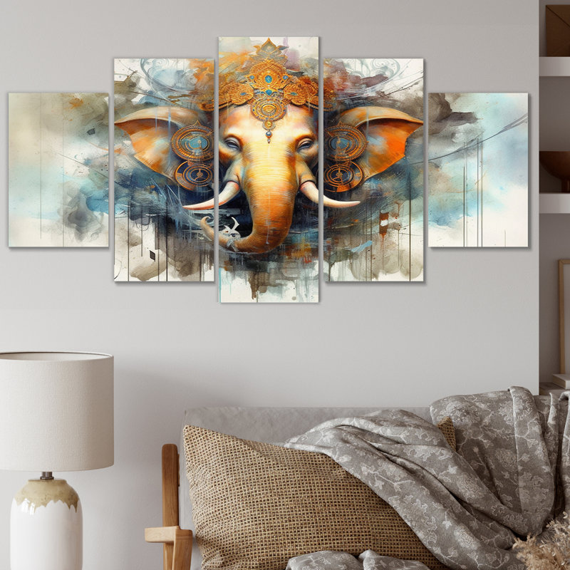 «Vibrant Hinduisim Elephant I», impression d'art mural - 5 panneaux