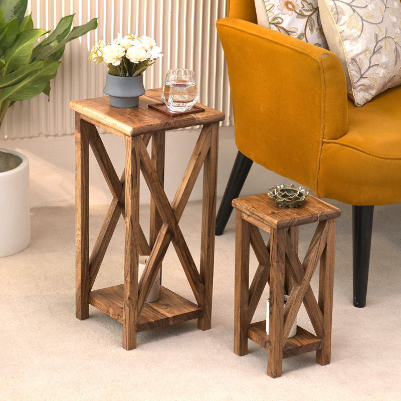 Set of 2 Solid Wood Nesting Tables Rustic Accent Side Tables with Open X-Frame Design Espresso, Natural