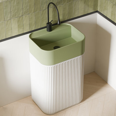 Lavabo de salle de bain en céramique sur pied avec meuble de rangement, lavabo vert vintage et meuble cannelé en résine blanche, robinetterie noire mate à effet goutte d'eau incluse