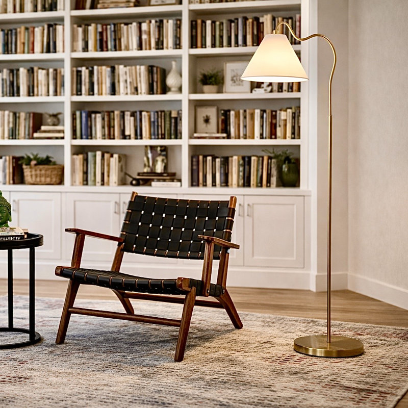 Stina 60" Brass Ring Base Curved Floor Lamp With Triangle White Empire Shade