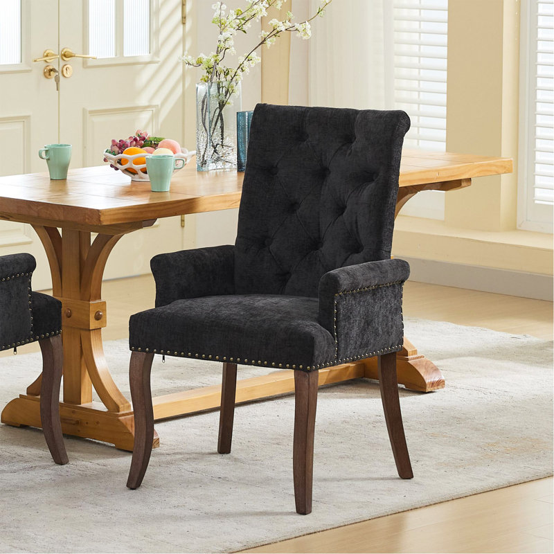 Chaise de salle à manger rembourrée en tissu de chenille, pieds courbés en bois massif, élégante chaise de salle à manger capitonnée pour salle à manger, paquet simple, noir