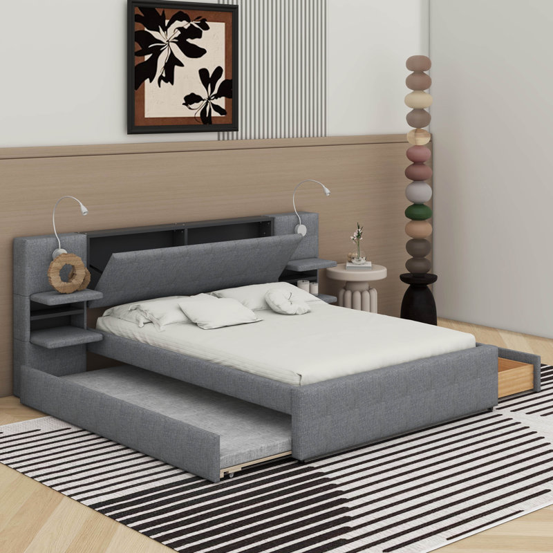 Grand lit plateforme tapissier avec lumières, lit gigogne et tablettes, Gris