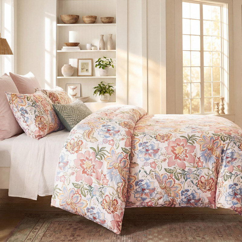 Ensemble de literie pour grand lit à motif floral rose 100% coton à motif de feuilles vertes Ensemble de housse de couette 3 pièces super doux et respirant avec fermeture à glissière et attaches de coin