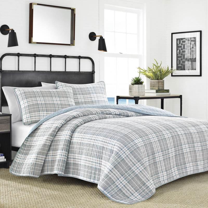 Nautica Millbrook Plaid Cotton Reversible Grey Quilt Set, King Quilt + 2 Shams