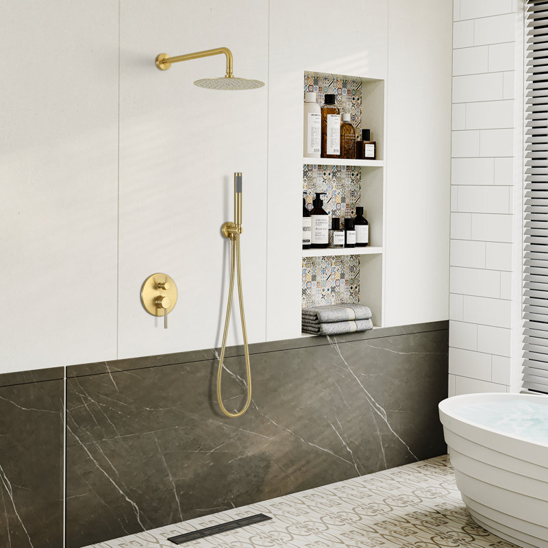 Brushed Gold Wall Mounted Rain Shower System with Handheld
