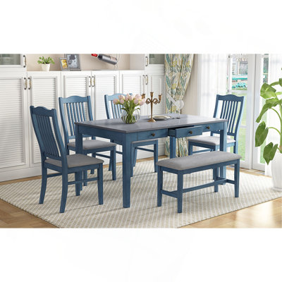 TOPMAX Mid-Century 6-Piece Wood Dining Table Set, Kitchen Table Set with Drawer, Upholstered Chairs and Bench