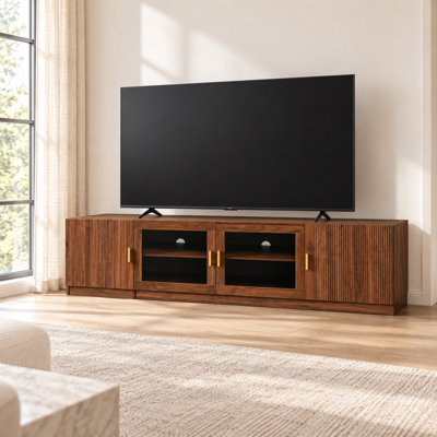 Meuble télé de 74 pouces pour téléviseurs jusqu'à 85 pouces, console multimédia avec portes vitrées et éclairage DEL, tablette réglable, façades d'armoires cannelées, gestion des câbles pour salon, chambre ou home cinéma.