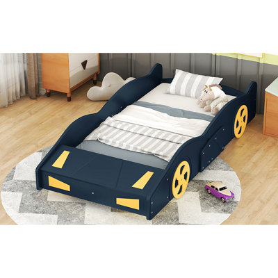 Lit simple en forme de voiture de course bleu foncé et jaune avec fonction de rangement et esthétique - Fabrication en bois massif pour le rangement de la chambre à coucher, conception fonctionnelle et confortable