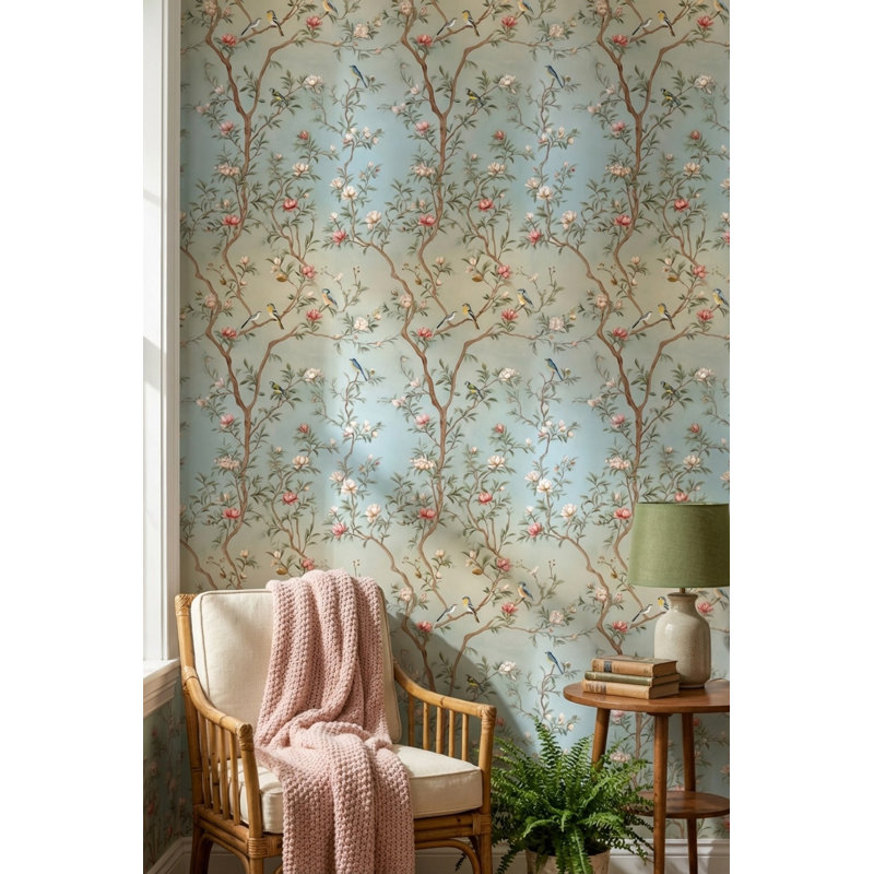 Papier peint floral oiseaux traditionnels amovibles