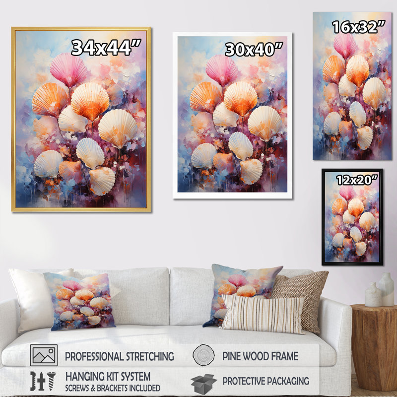 Collage multicolore de coquillages côtiers sur toile, Toile tendue, H 20 po x l 12 po x P 1 po