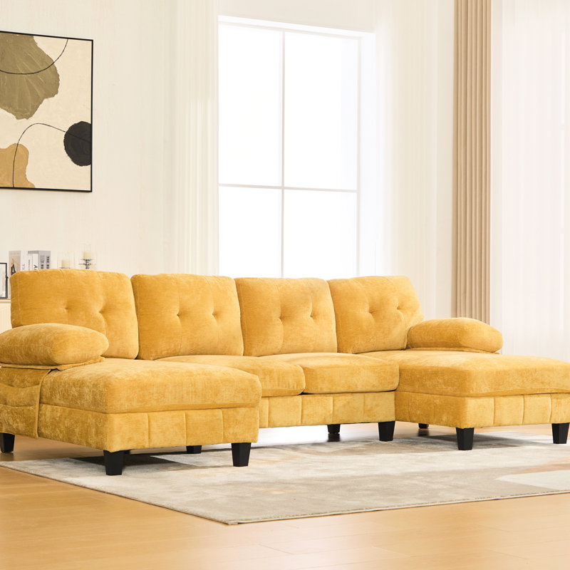Yellow Chenille U-Shaped Sectional With Dual Chaise Lounges, Side Storage Functionality, And Soft Armrest Cushions For Outdoor Living  If Applicable Spacious Room Conversation Piece Pockets, In