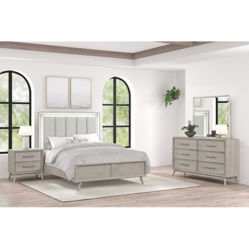 Roundhill Haak 4-piece Bedroom Set With Touch Led Lighting, Gray Oak Finish, Queen, Queen