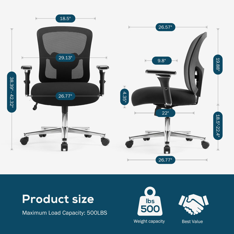 Lisabella 26.7" Wide Ergonomic Home Office Mesh Chair for 500LBS with Adjustable Lumbar Support