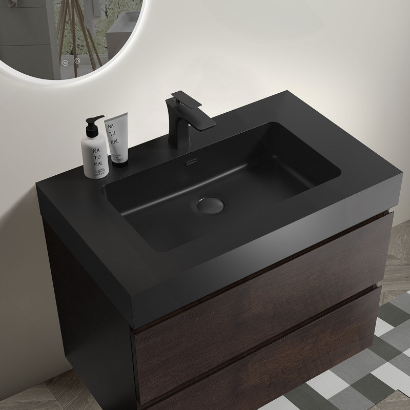 Meuble-lavabo mural flottant avec lavabo et rangement, 30", Noyer, Noir