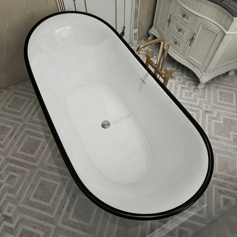 Baignoire sabot autoportante double en acrylique blanc brillant, 150 cm x 75 cm, avec rebord fin noir et fond plat 319BK