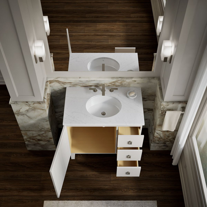 Poplin® 36 In. Vanity with Furniture Legs, 1 Door and 3 Drawers on Right, Linen White