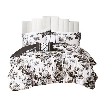 Full/Queen Ultra Soft Floral Comforter In Black And White Pattern, 2 Shams, Pillows, Machine - Washable Full Size Print With Fabric, Decorative