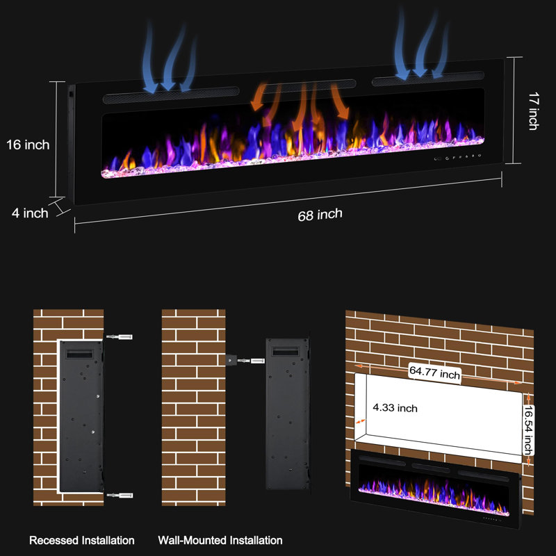 Electric Fireplace Wall Mounted, 17" H x 68" W x 4" D