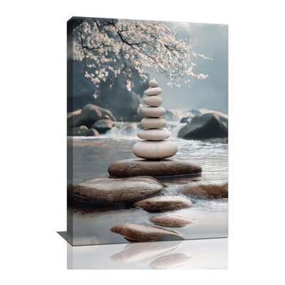 Zen Wall Art, Cherry Blossom Pictures Wall Decor, Zen Stone Canvas Prints Painting, Framed Artwork For Meditation Room Bedroom Bathroom Living Room Dining Room Office 24"X 16"
