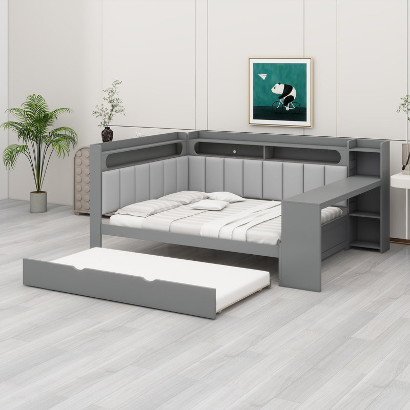 Modern Daybed System Combining Workspace, Open Shelving, and Hidden Trundle, Equipped with Smart Charging Ports and Customizable LED Lights